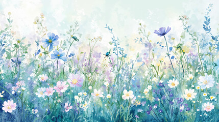 A dreamy watercolor meadow filled with soft pastel wildflowers and delicate butterflies. Light, airy, and fresh, perfect for nature-inspired designs and decor.