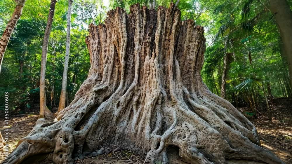 Poster massive tree stump showcases intricate root system in lush forest environment