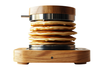 A warm stack of homemade pancakes ready for syrup a delicious breakfast treat showcasing golden brown goodness on a wooden modern automatic maker isolated shot