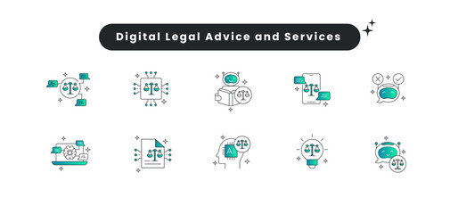 Digital Legal Advice and Services. Legal Support AI, AI Legal Assistant, Virtual Law Services, Law Consultation Automation. Editable Stroke.