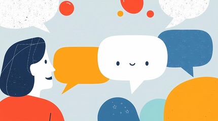 Dialogue in the Digital Realm: A vivid illustration of conversation, featuring colorful speech bubbles with charming characters and a diverse group of people.