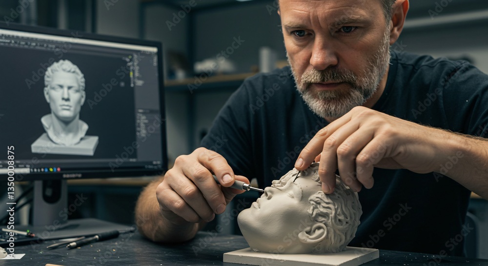 Fototapete man creating sculpture with tool using digital reference on computer for art project, showcasing cra