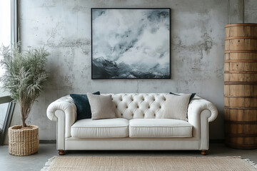 an elegant and modern living room featuring a chesterfield sofa, a painting, a wooden barrel, and a potted plant, all against a textured concrete wall. The scene exudes sophistication and style