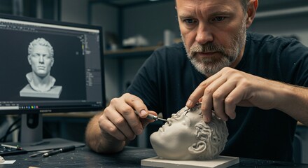 Man creating sculpture with tool using digital reference on computer for art project, showcasing craftsmanship and technology in innovative creative process.