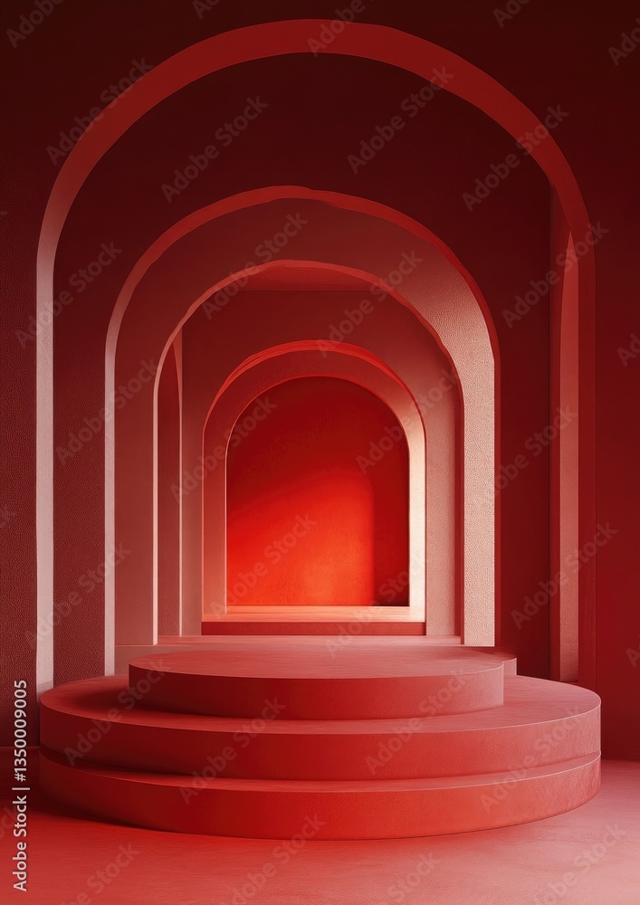 Aufkleber 3d render of a minimal red podium stage with arches in the background, simple shapes, minimal design