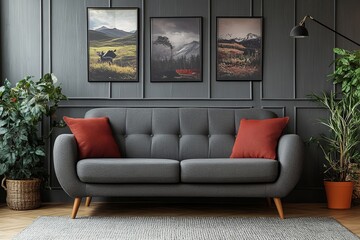 a cozy living room with a grey sofa, two red pillows, and artwork hanging on the wall.  Plants and a lamp complete the inviting scene