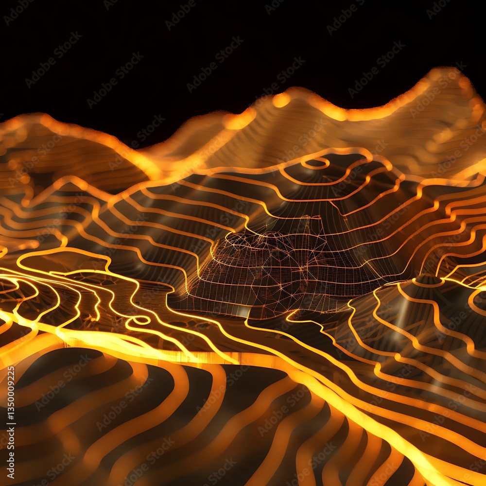 Poster abstract topographic terrain with glowing orange contours. digital landscape with wireframe lines, f