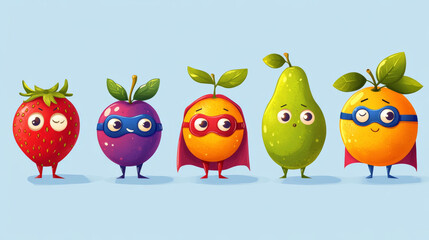 Fruits superheroes cartoon characters, super hero personages cherry, strawberry, peach, plum or mandarin with pear or gooseberry wear cape and mask. Funny kids menu personages Vector illustration, set