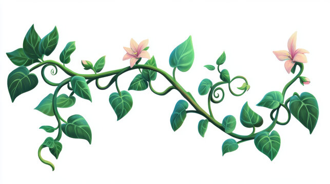 Twisted liana branch with green leaves and flowers. Cartoon vector illustration of jungle long tangled climbing plant vine with foliage. Game ui design assets of creeper ivy tree trunk with vegetation