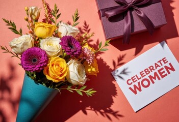 Obraz premium A vibrant bouquet of flowers with a card that says Celebrate Women