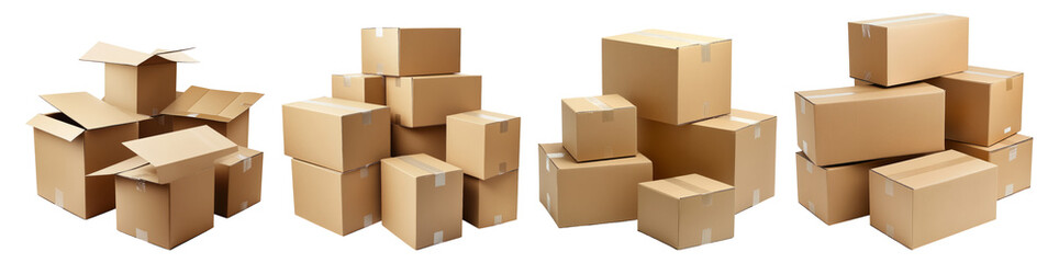 Variety of Open and Stacked Cardboard Boxes for Shipping or Storage, PNG bundle collection, Isolated on Transparent Background