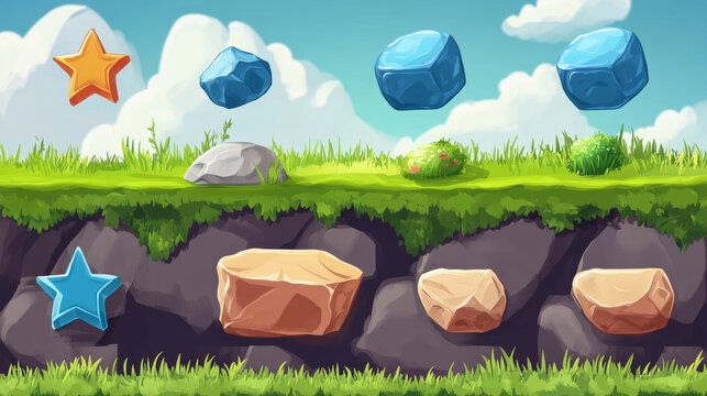 Game ui interface indicator to select level cartoon design. Isolated rock activation button item with blue star score and green grass. Arcade mobile videogame assets for selection template kit