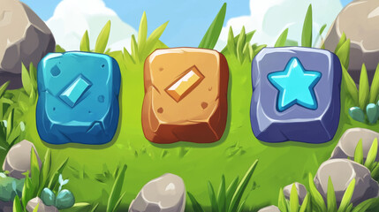 Game ui interface indicator to select level cartoon design. Isolated rock activation button item with blue star score and green grass. Arcade mobile videogame assets for selection template kit