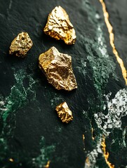 Captivating golden nuggets resting on dark, marbled stone surface