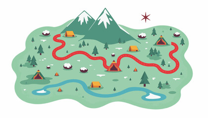 Naklejka premium Illustrated camping map with mountains, paths, and tents 