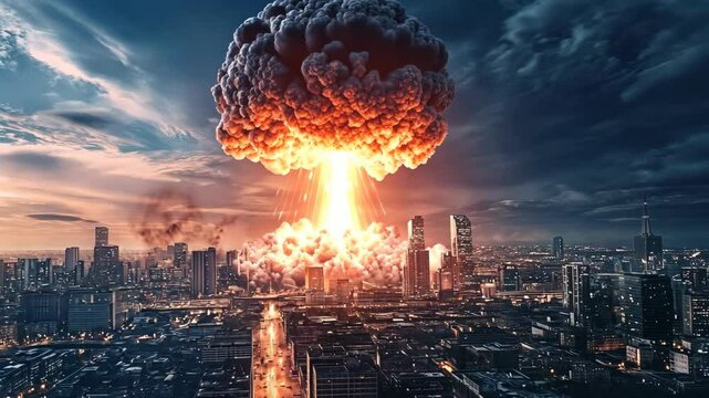 Massive explosion occurs over a city skyline during twilight, creating a fiery mushroom cloud