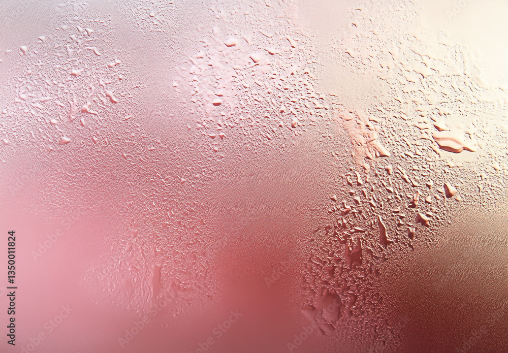 Poster close up of water droplets on a pink and light brown surface creating an abstract background