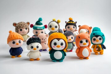 Una colección de adorables pingüinos de fieltro con gorros coloridos están alineados sobre un fondo blanco.