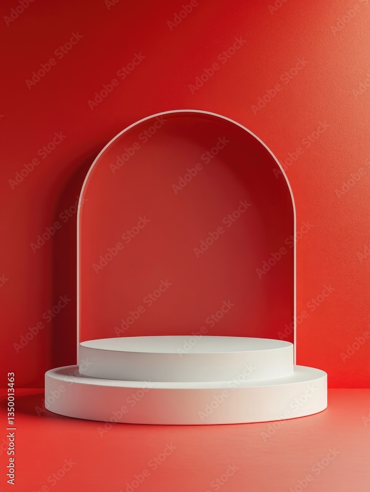 Poster 3d render of a podium on a red background, a product display presentation mockup with a minimal desi