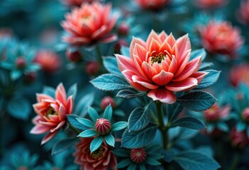 Vibrant red flowers bloom amidst lush green foliage in a stunning garden scene