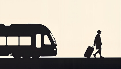 Silhouette of a traveler pulling a suitcase beside a tram station  