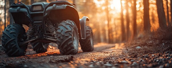 Off-Road ATV on Forest Trail at Sunset