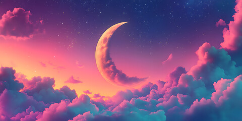 Crescent Moon Resting on Clouds for Dreamy Ramadan Wallpapers, Spiritual Designs, and Islamic-Themed Branding