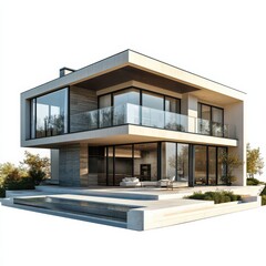 Fototapeta premium Contemporary Architecture: A Two-Story Modern House with a Flat Roof and Striking Glass Balconies Overlooking a Tranquil Pool.