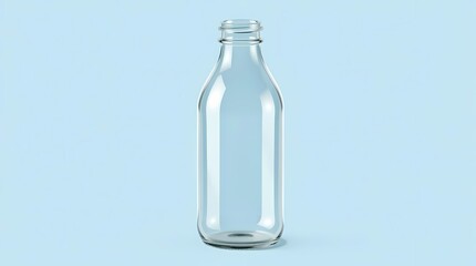 Empty Glass Bottle: A pristine, transparent glass bottle stands isolated, its sleek form and subtle curves catching the light, set against a cool, minimalist backdrop.