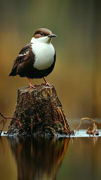 Bird perched on a wooden stump in a tranquil wetland during early morning light