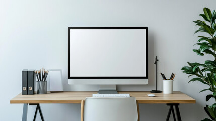 Desk, monitor, chairs and blank picture frame isolated on transparent background. Vector realistic set of modern furniture, table, chair and computer screen for workplace in office or home