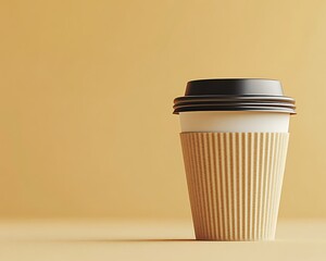 Disposable coffee cup with lid on yellow background.