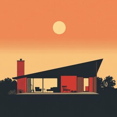Modern Desert Home at Sunset: A Silhouette of Minimalist Architecture in an Orange-Tinted Evening.