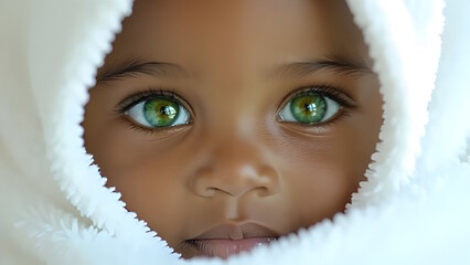 A close-up shot of an African girl's face, partially obscured by a white blanket. The girl has bright green irises and a serene expression, conveying innocence and beauty.