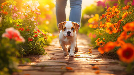 Dog walking confidently down a scenic path surrounded by nature while engaging in training methods for stubborn breeds.