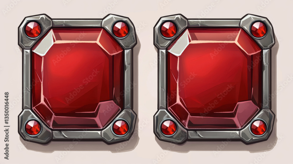 Poster golden vintage game frames, ui medieval square red buttons withnborders from metal, gems. cartoon em