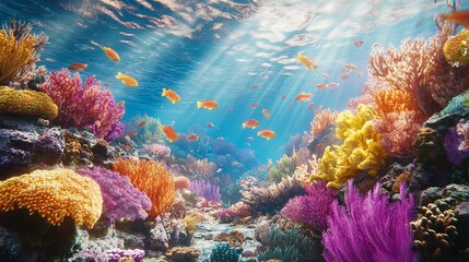 Fototapeta premium Underwater Coral Reef With Colorful Fish and Sunlight