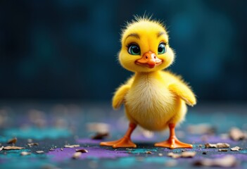 Cute yellow duckling with big eyes standing on a colorful surface