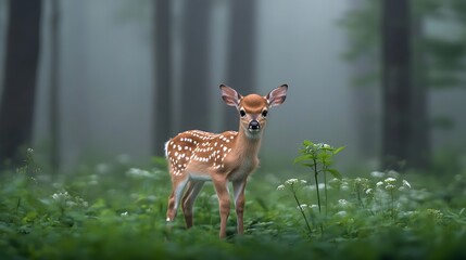 Fawn in Misty Forest Meadow.