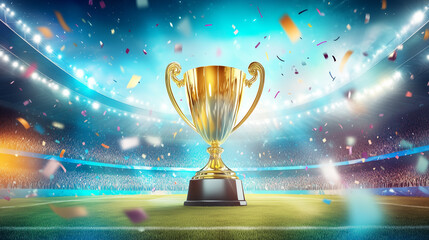 Golden Trophy with Vibrant Confetti on Football Field in Front of Illuminated Stadium for Victory Celebration - Football World Cup 2025 Festive Banner 4K Background Download