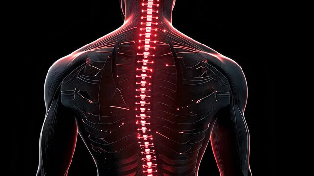 Anatomy of the human body. Black spine with a black background. Pink neon light in a bathroom. Structure of the human body lifestyle.