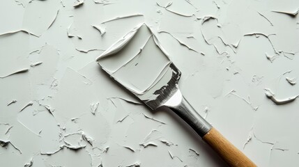 Close-up of a palette knife with gray paint on a textured surface.