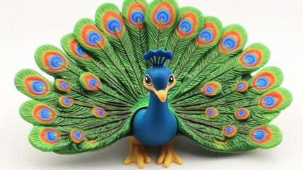 Colorful toy peacock with spread tail, isolated white background.  Possible use children's education, animal toys