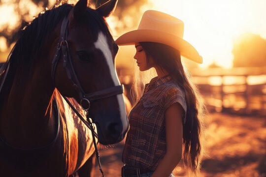 Confident cowgirl with horse at sunset on a modern ranch