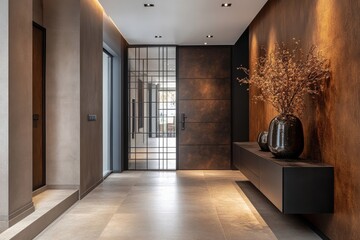 a modern hallway with stylish interior design featuring a long corridor, and various elements such as lighting, doors and decorations