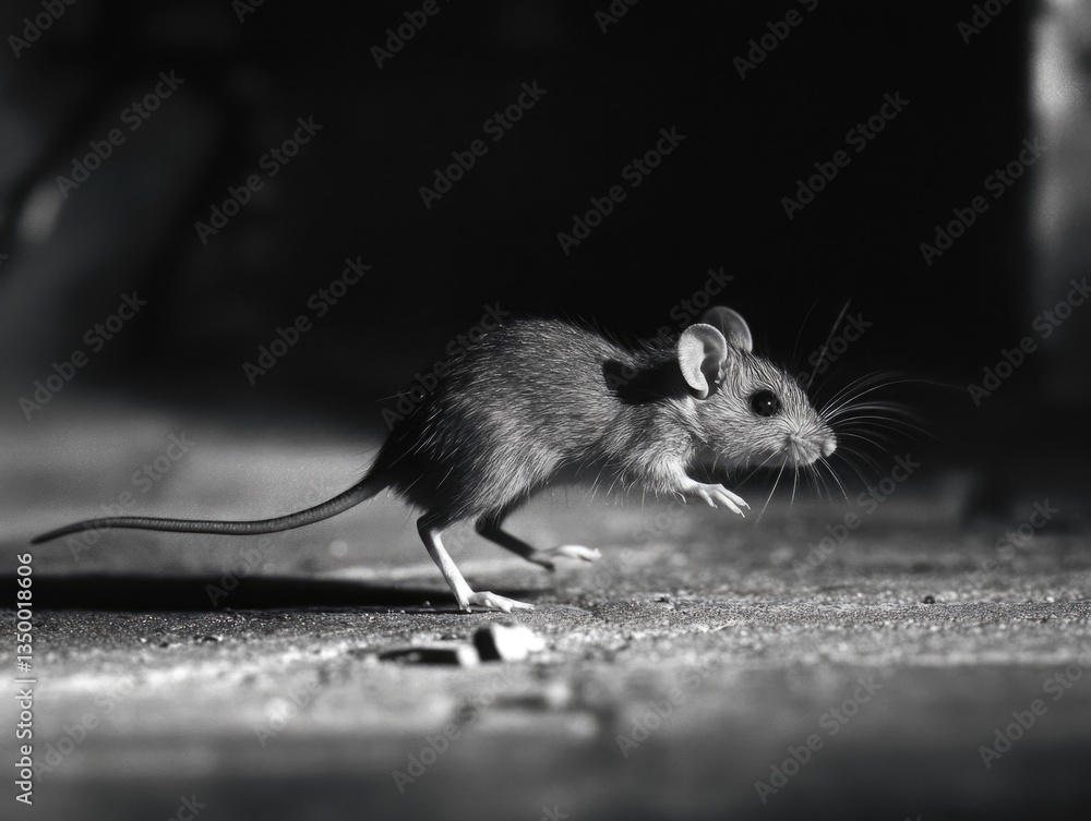 Poster a black and white photo of a mouse running across a floor. the image has a moody and mysterious feel