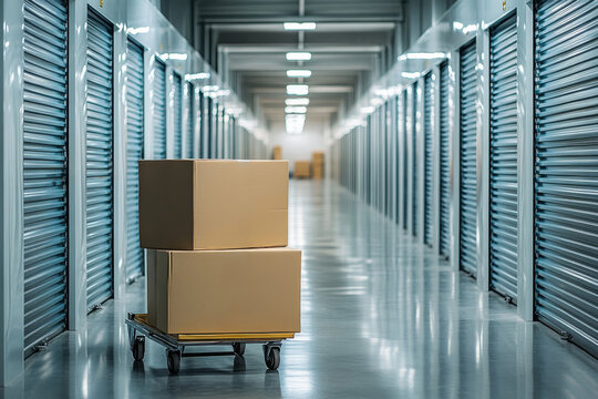 cart with boxes in a storage facility hallway with many storage units. The lighting creates a sense of depth