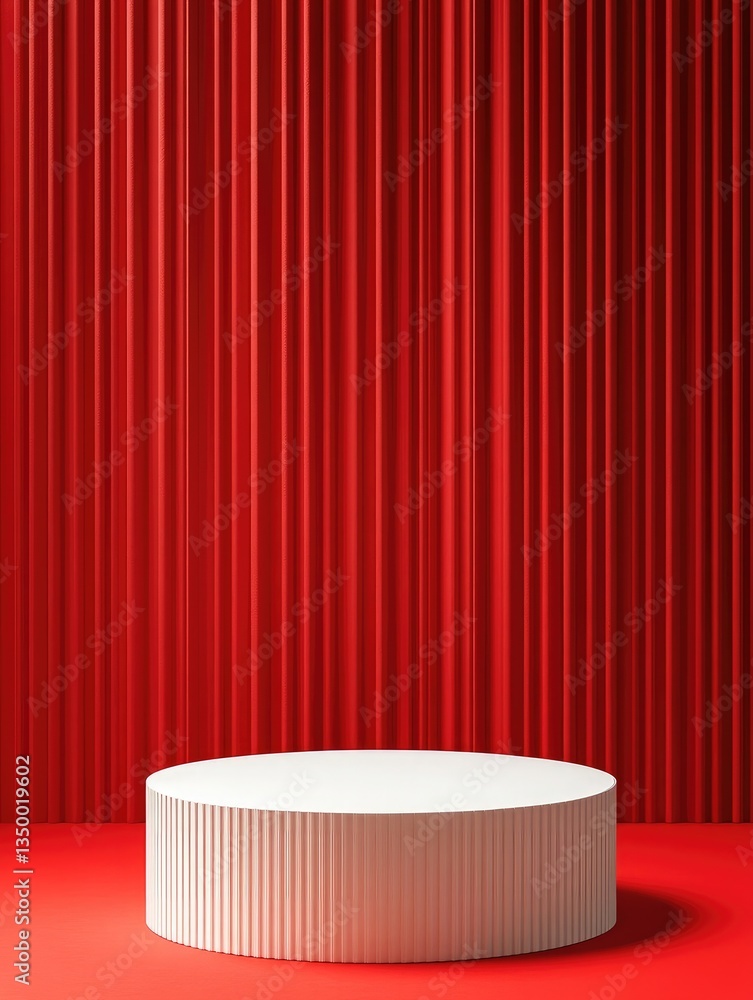Poster 3d render of a white cylinder podium on a red background with a vertical lines pattern