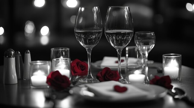 An intimate dining setup with roses, candles and wine glasses on a table.