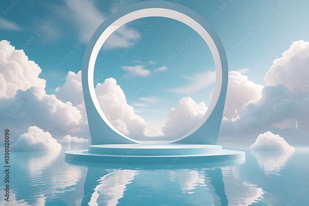 Aufkleber 3d render blue background with white clouds flying in front of circle shape. minimal scene empty, bl
